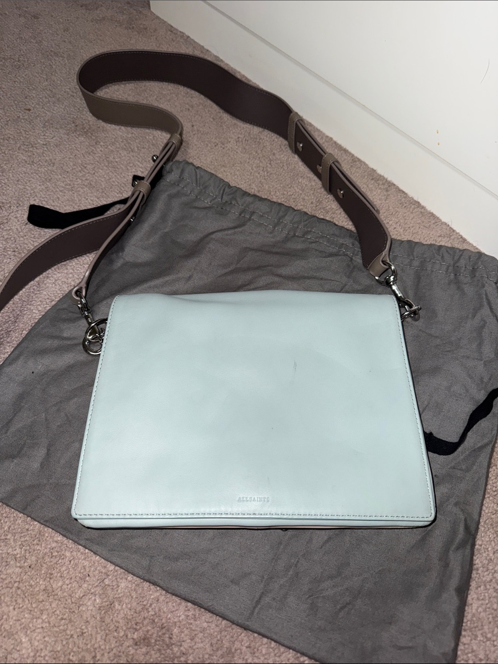 AllSaints Smooth Leather Messenger in Pale Blue with Brown Strap